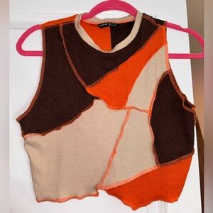 Brown, tan and orange patch work crop top